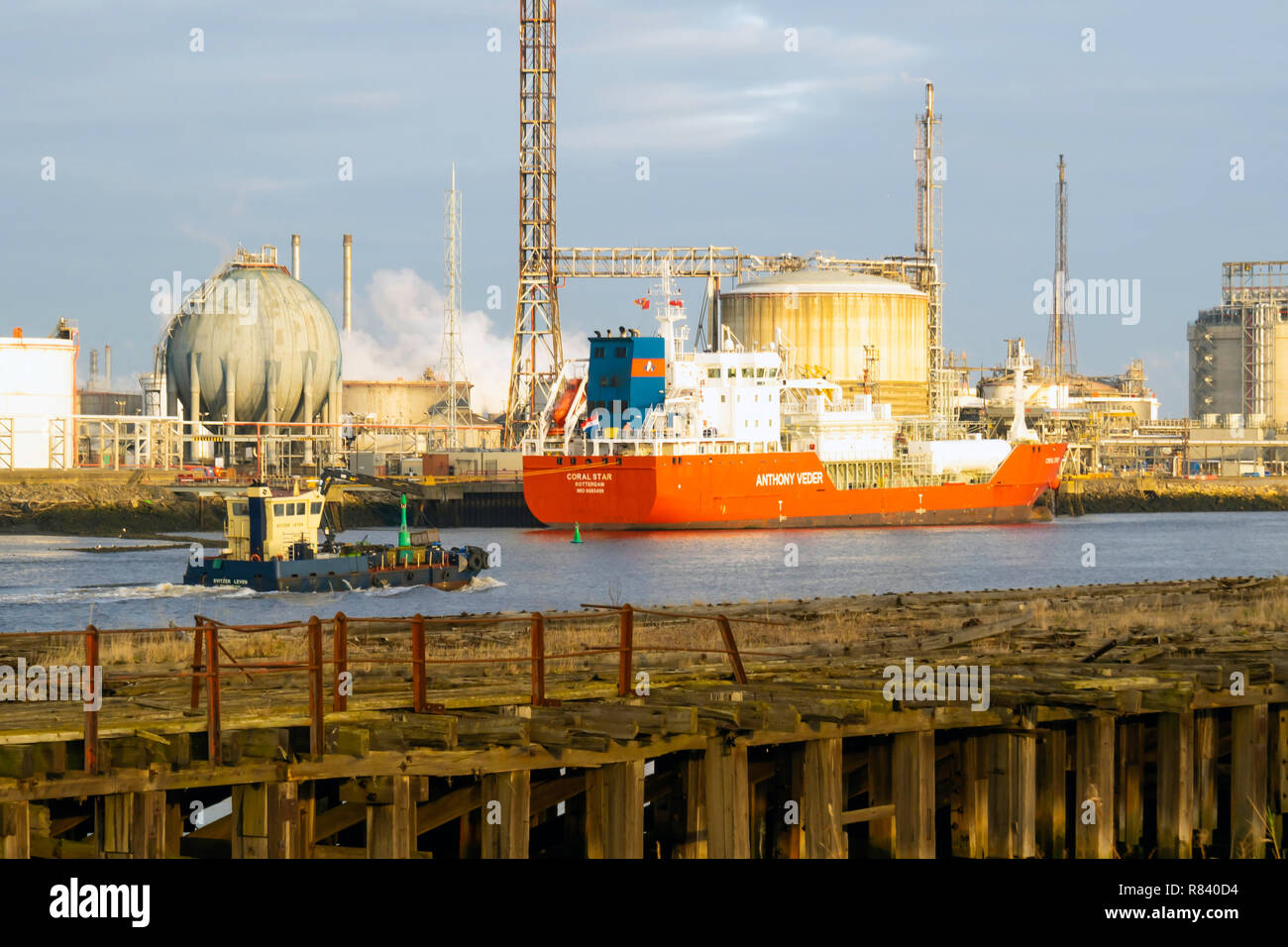 LPG Tanker Coral Star, IMO numero 9685499 ormeggiato presso la raffineria di petrolio sul fiume Tees Inghilterra UK Foto Stock