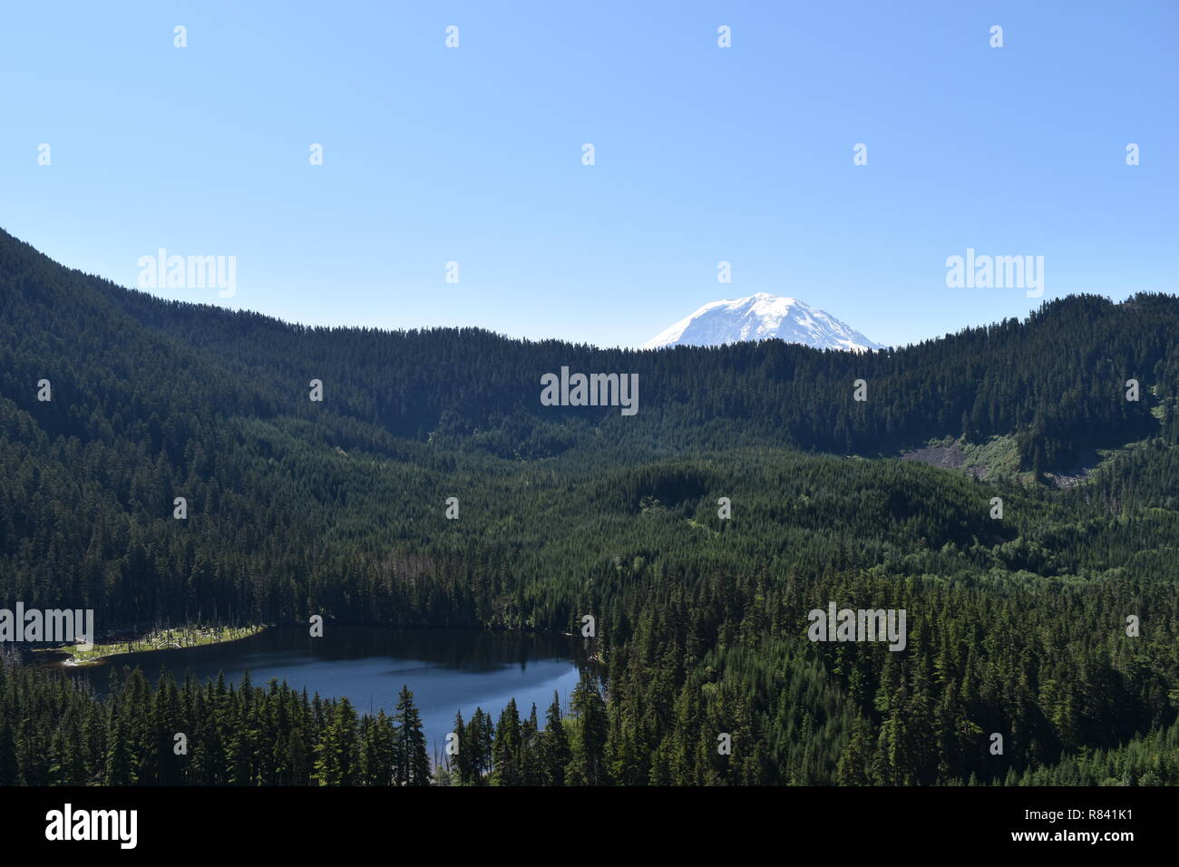 Scenic mountain trail e punti di vista di entrambe Bearhead Trail e il granito laghi del nord-ovest del Pacifico. Stato di Washington Mt. Rainer prende lo sfondo. Foto Stock