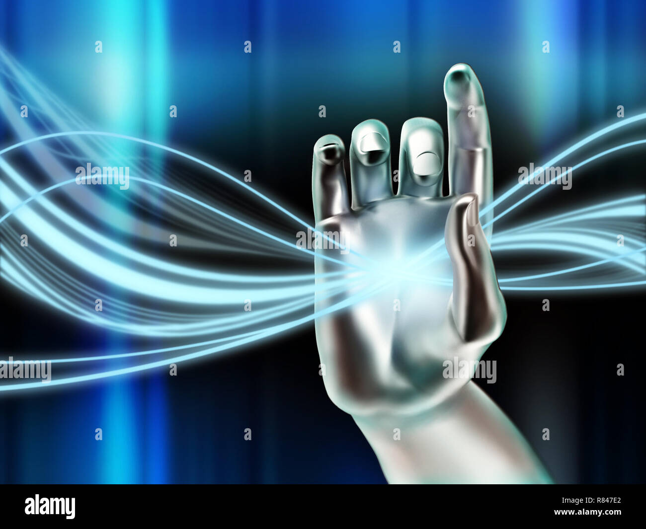 Mano cibernetica per manipolare un incandescente flusso digitale. Illustrazione Digitale. Foto Stock