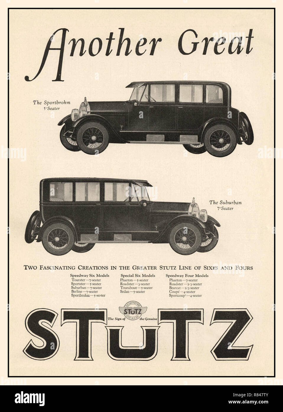 1925 Vintage annuncio pubblicitario per American Stutz Automobiles-The Stutz Sportbrohm 5 posti e la Stutz Suburban 7 posti 4 porte berlina automobili di lusso Foto Stock
