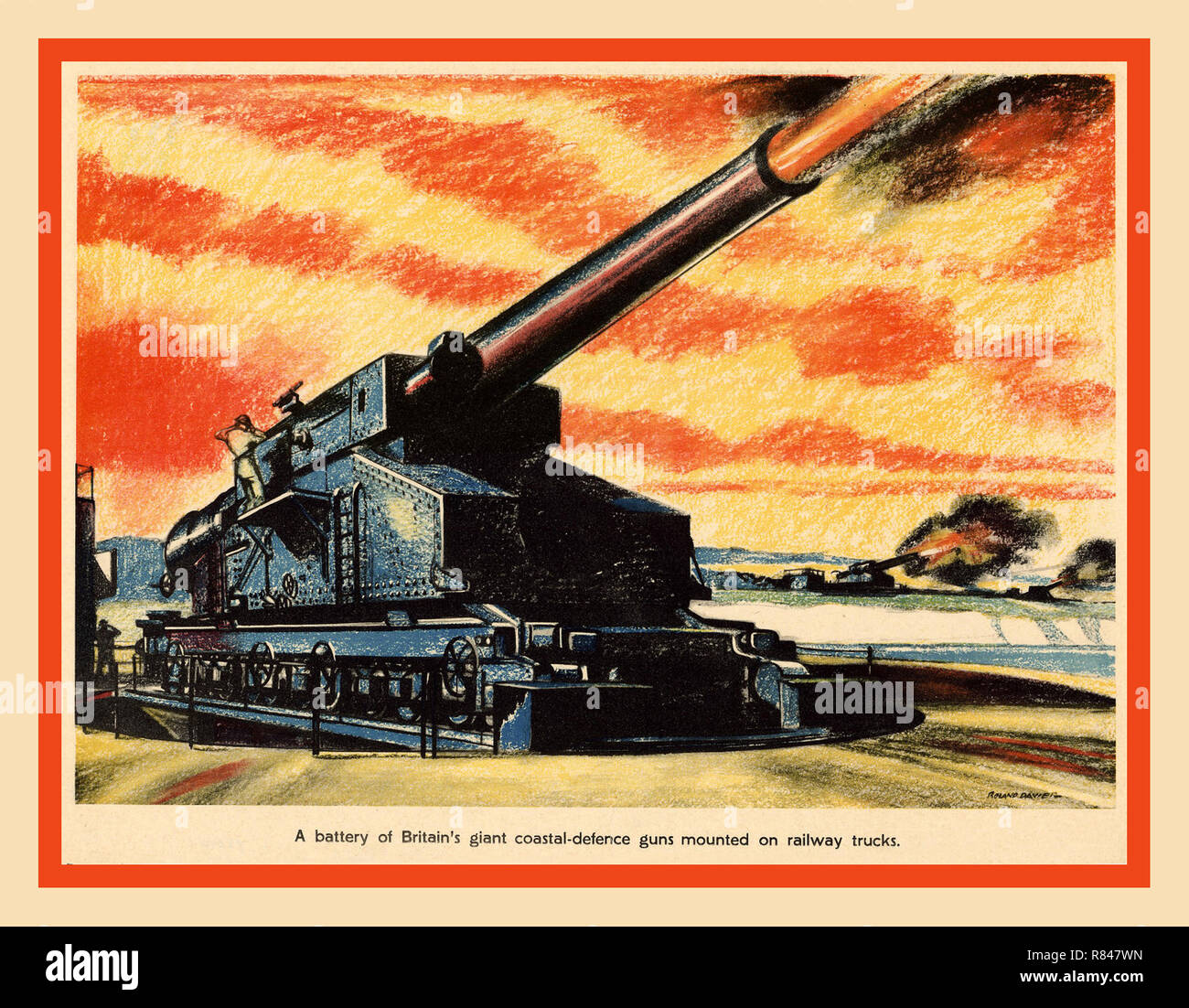 Vintage British WW2 Poster Arte di guerra di propaganda Artwork 1942 una batteria della Gran Bretagna costiera gigante-difesa pistole sparando, montati su carrelli ferroviari Foto Stock