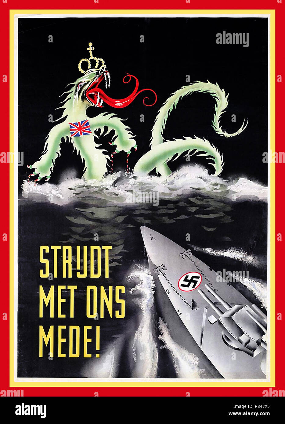Vintage WW2 1940's Propaganda nazista Poster per l'Olanda in olandese "Lotta con noi!" che illustra un moderno Nazi Swastika la corazzata pendolamento attraverso le onde verso un mare Britannica diavolo con la corona e Union Jack insegne Foto Stock