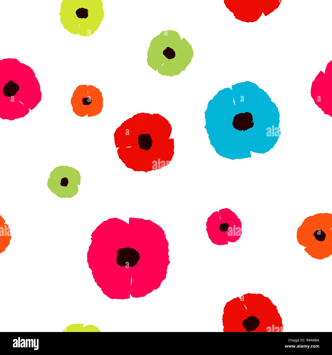 Modello senza cuciture con papaveri colorati fiori su fondo bianco. Semplice floreale di fiori di campo, stampa pop art style. Sfondo di papavero per tessuto Foto Stock