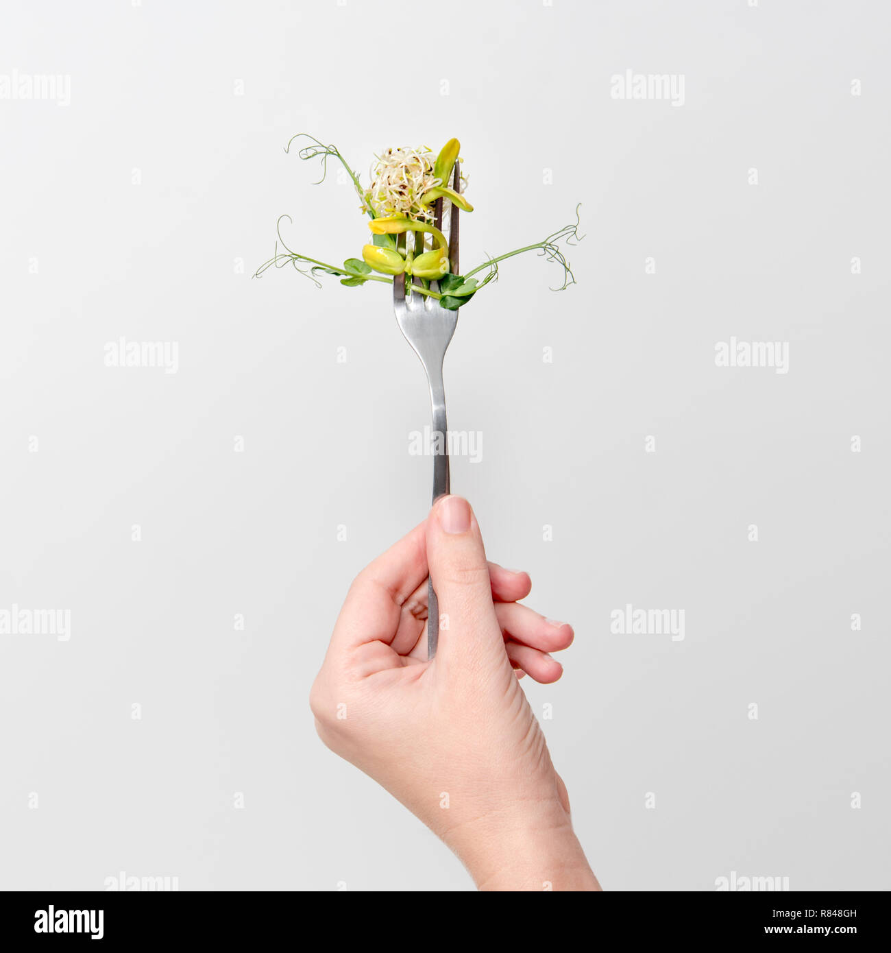 Donna mano azienda micro verdi sulla forcella. Mangiare sano, fresco giardino produrre coltivati biologicamente. Simbolo di salute e vitamine dalla natura. Microgreen Foto Stock