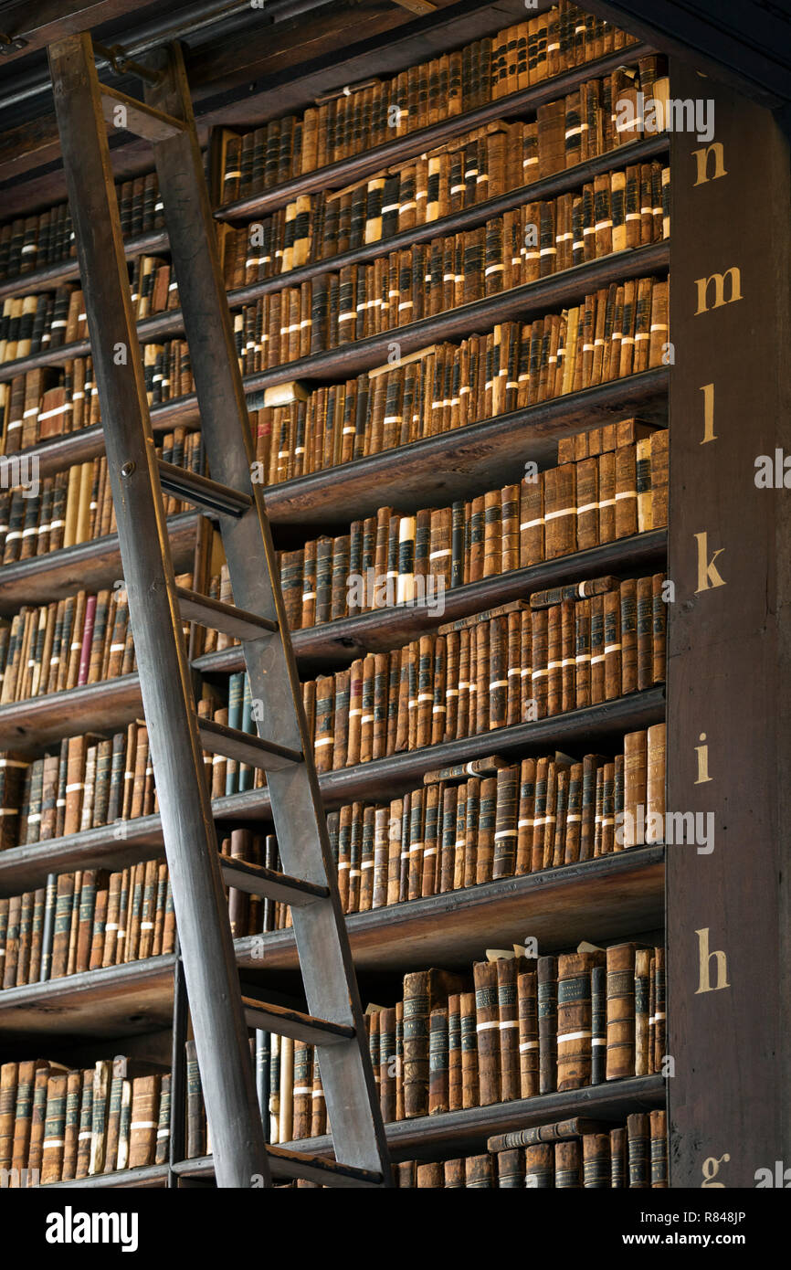 Irlanda, Dublino Trinity College di Dublino, il Libro di Kells vecchia libreria Foto Stock