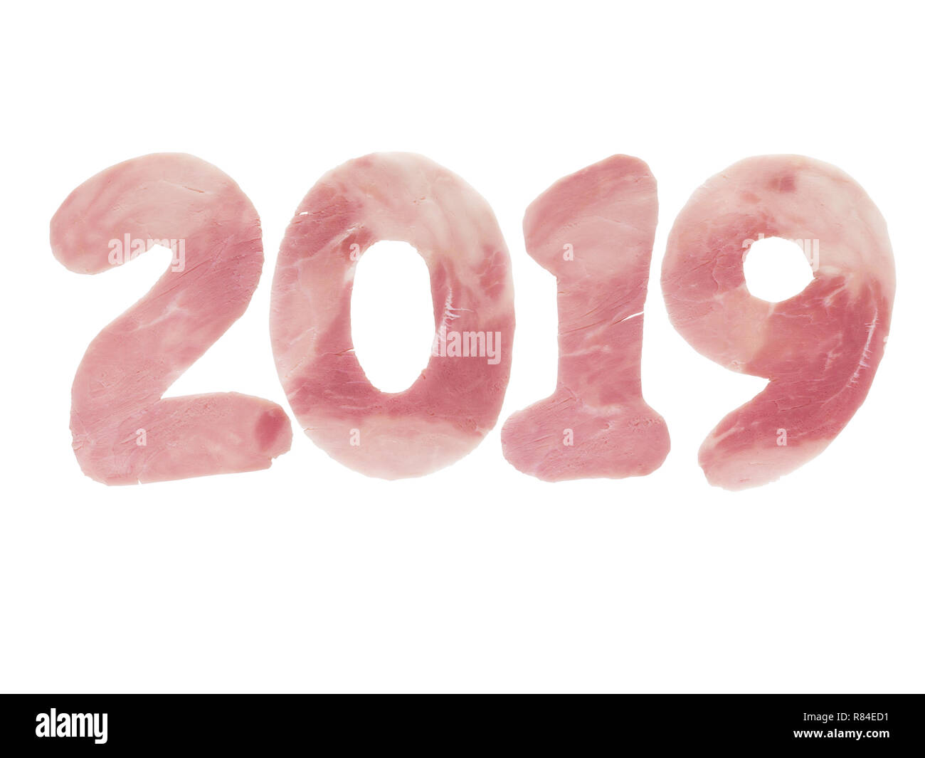 2019 le cifre dell'anno fatto del prosciutto di maiale come un simbolo del nuovo anno isolato su bianco. Animali oroscopo cinese. Foto Stock
