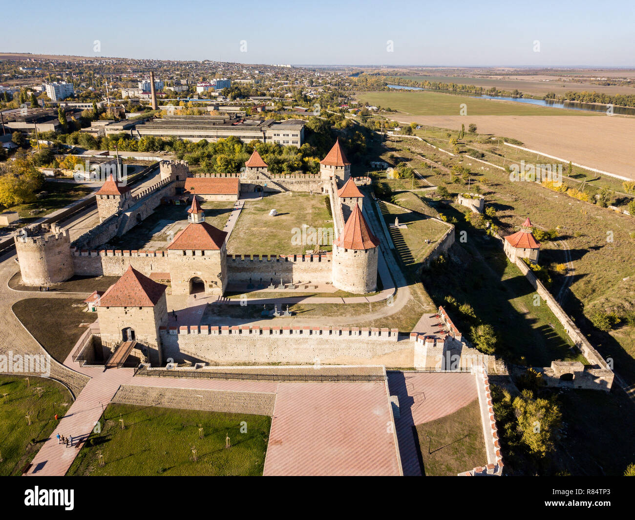 Vista aerea di Tighina (Bender; Tighina) fortezza ottomana, non riconosciuti Pridnestrovian Repubblica Moldava (Transnistria; PMR), la Moldova. Trans-Dniester Foto Stock