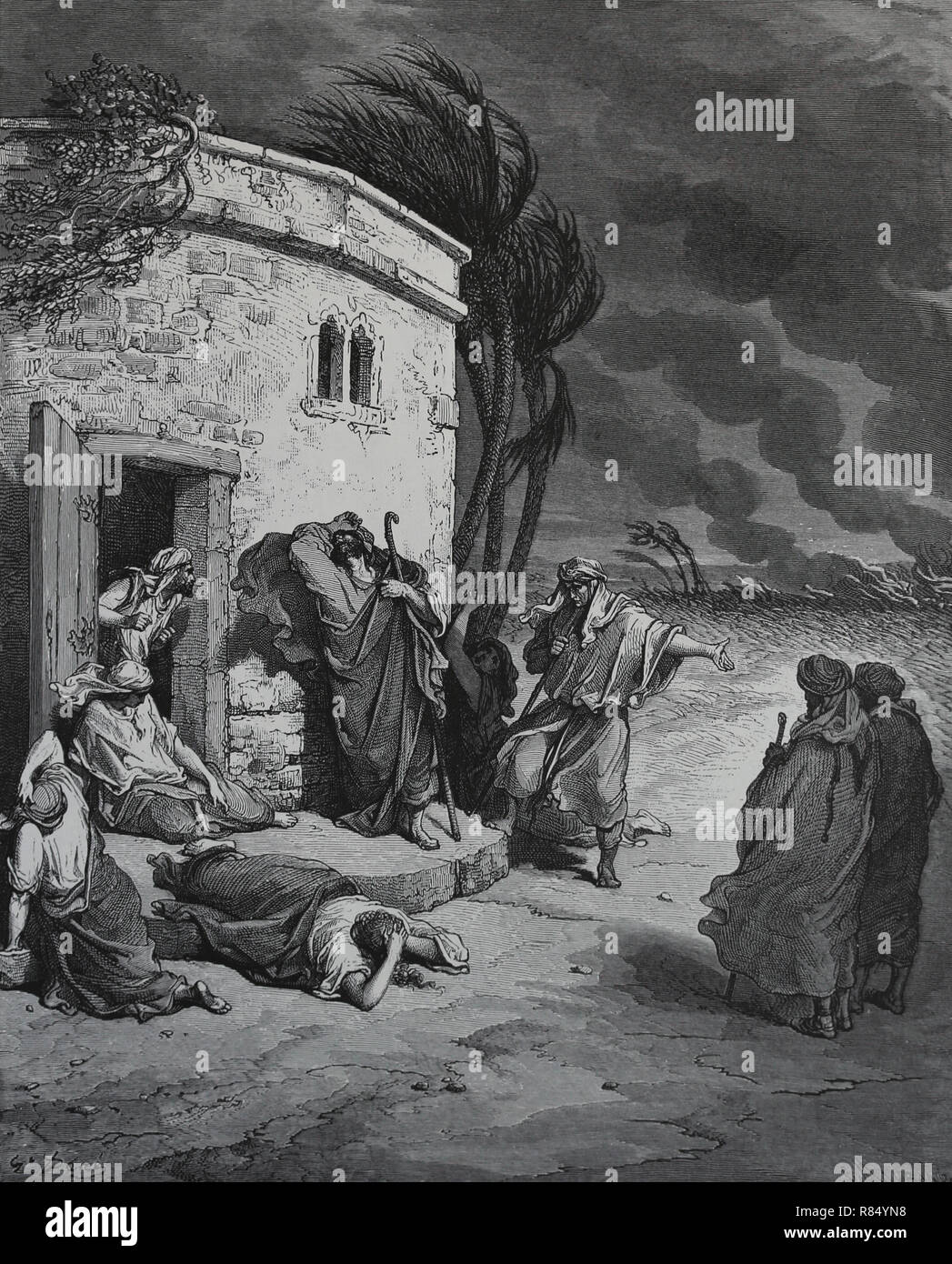 La bibbia. Audizione del lavoro della sua rovina. Lavoro 1:20-22. Incisione di Dore. Foto Stock