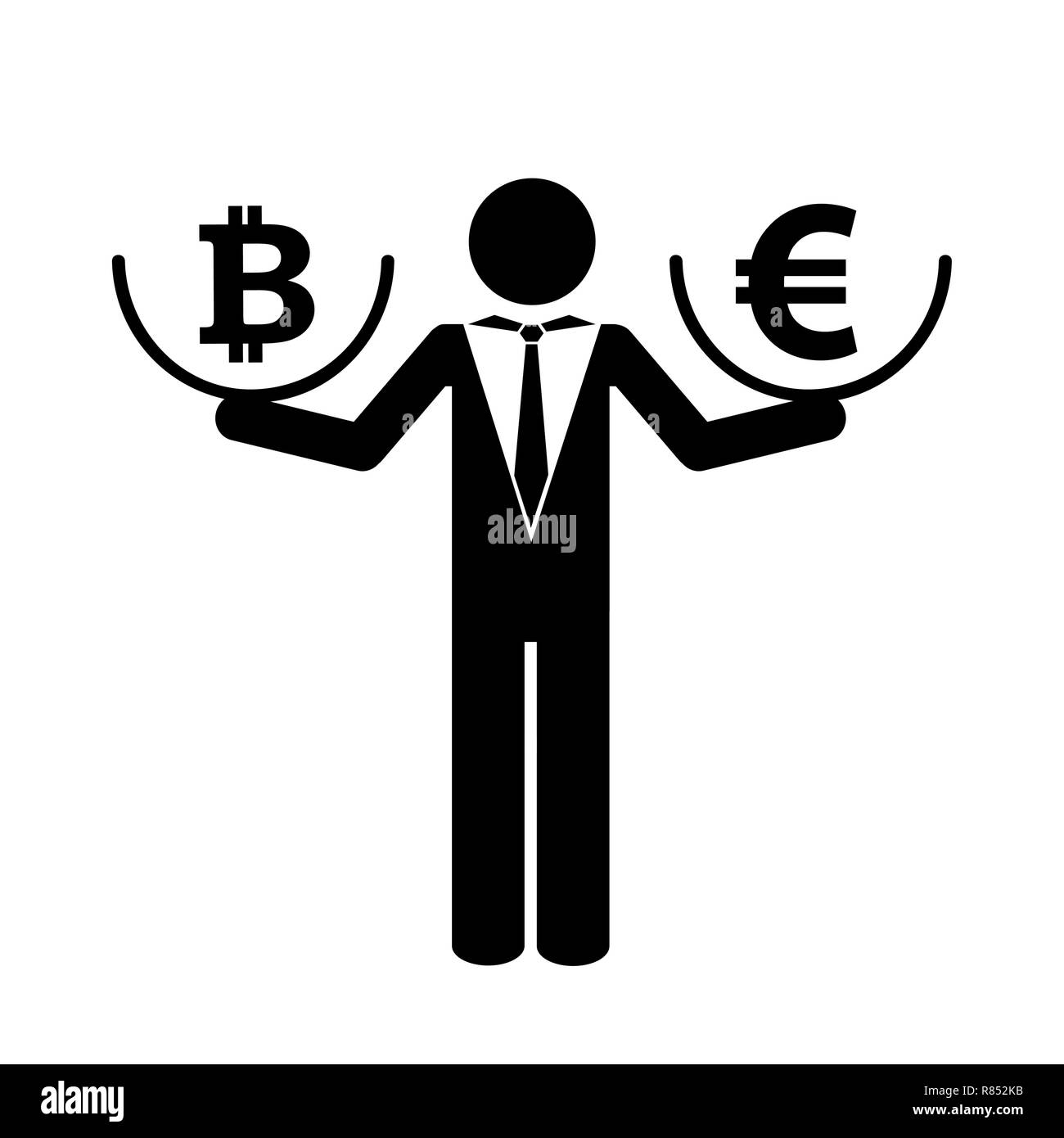 Imprenditore con bitcoin e euro pittogramma illustrazione vettoriale EPS10 Illustrazione Vettoriale