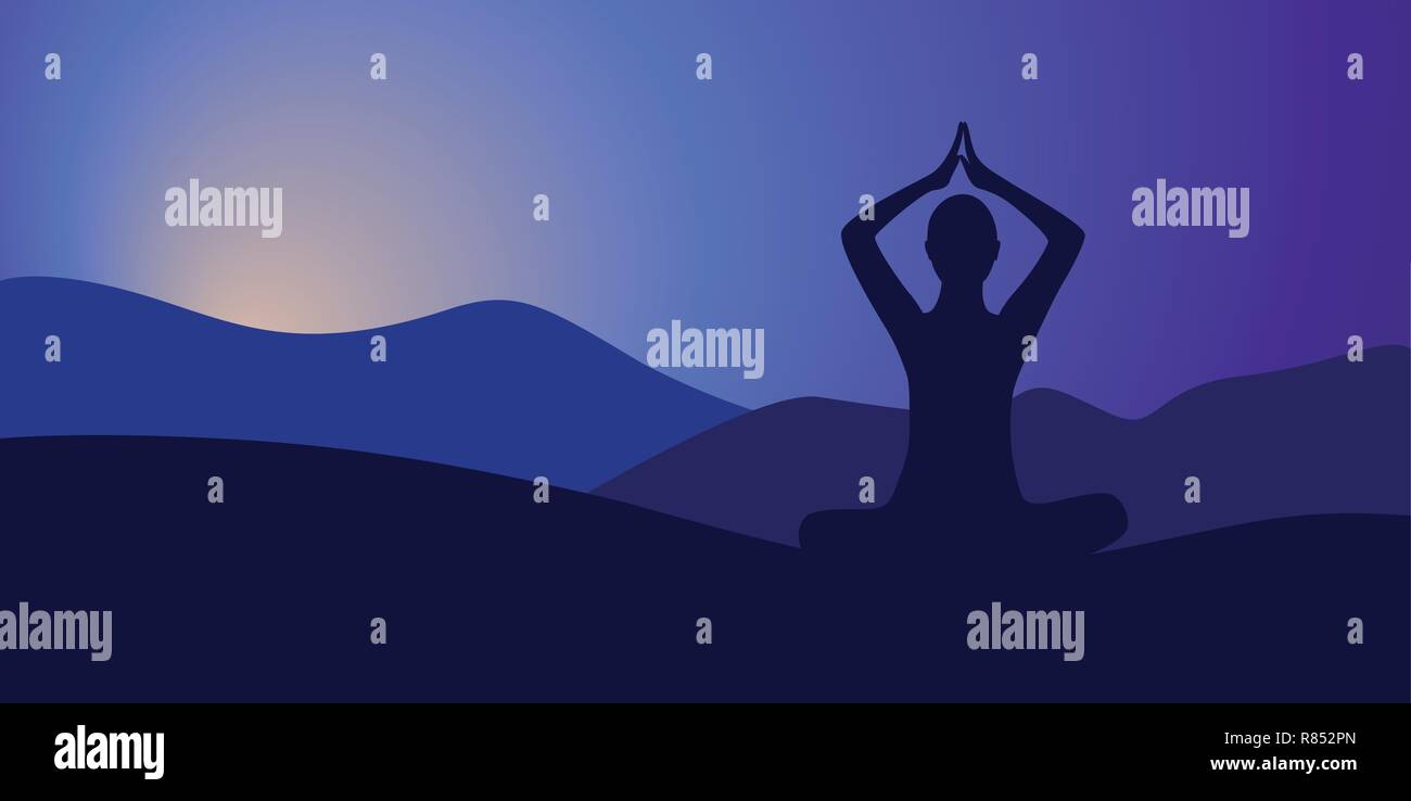 Giovane meditando di alta montagna in background di sunrise illustrazione vettoriale EPS10 Illustrazione Vettoriale