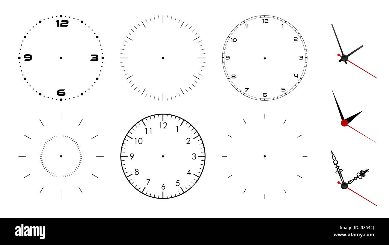 Orologio isolato in bianco su sfondo bianco. Vettore mani di clock. Impostare per guardare il design. Illustrazione Vettoriale