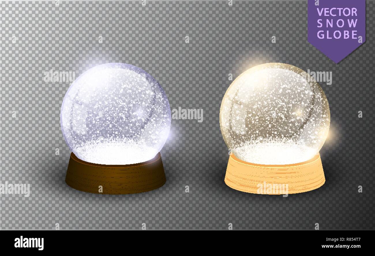 Vector snow globe modello vuoto isolato su sfondo trasparente. La magia del Natale pallina. Palla di vetro dome, supporto di legno. Realistico tradizionale winter Illustrazione Vettoriale