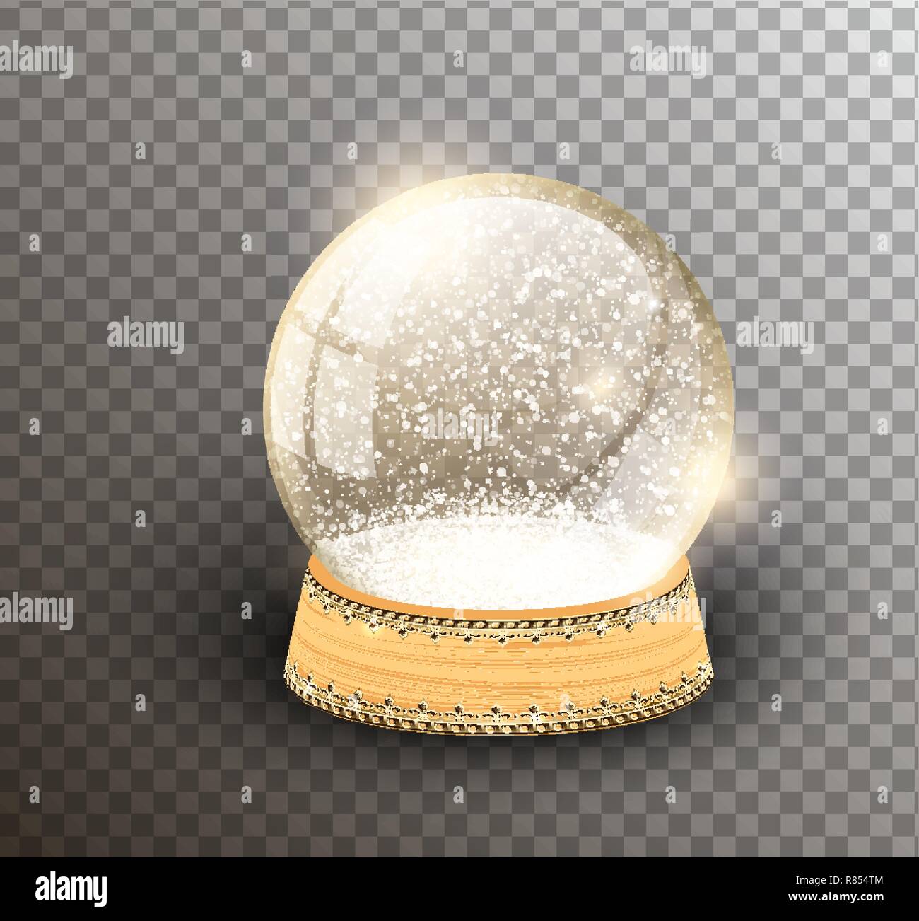 Vector snow globe modello vuoto isolato su sfondo trasparente. La magia del Natale pallina. Palla di vetro dome, il supporto in legno con corona d'argento arredamento Illustrazione Vettoriale