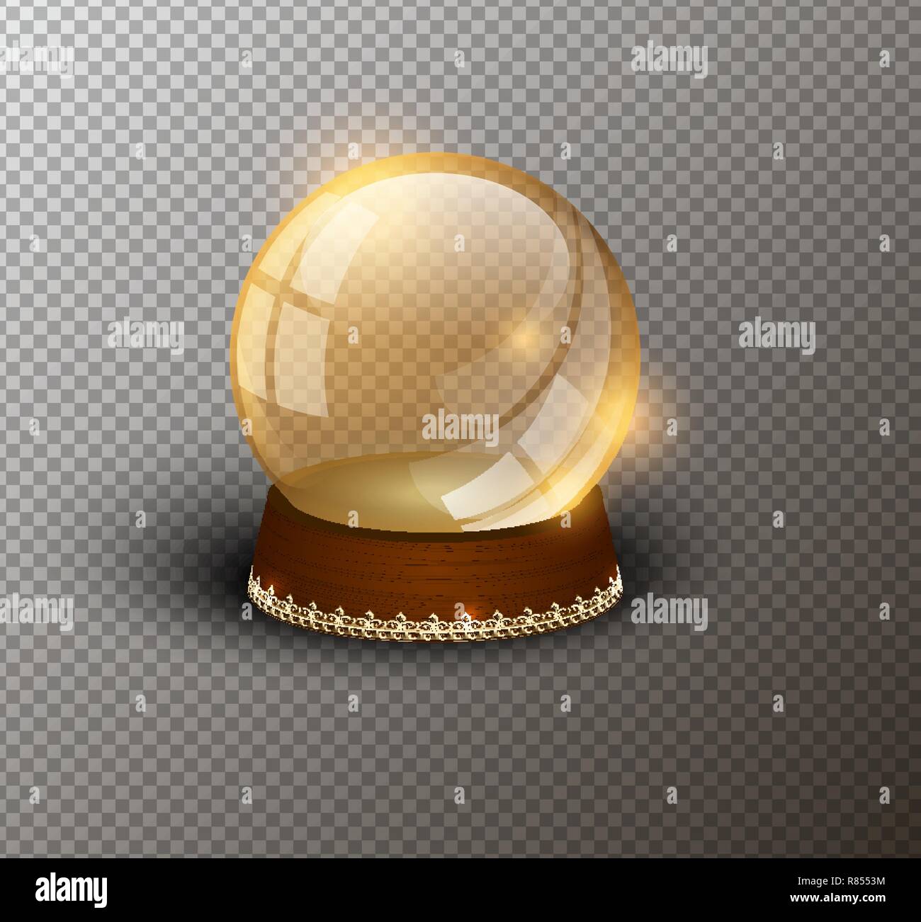 Vector snow globe modello vuoto isolato sfondo trasparente. La magia del Natale pallina. Vetro Giallo dome sferico, supporto di legno Golden crown decor Illustrazione Vettoriale