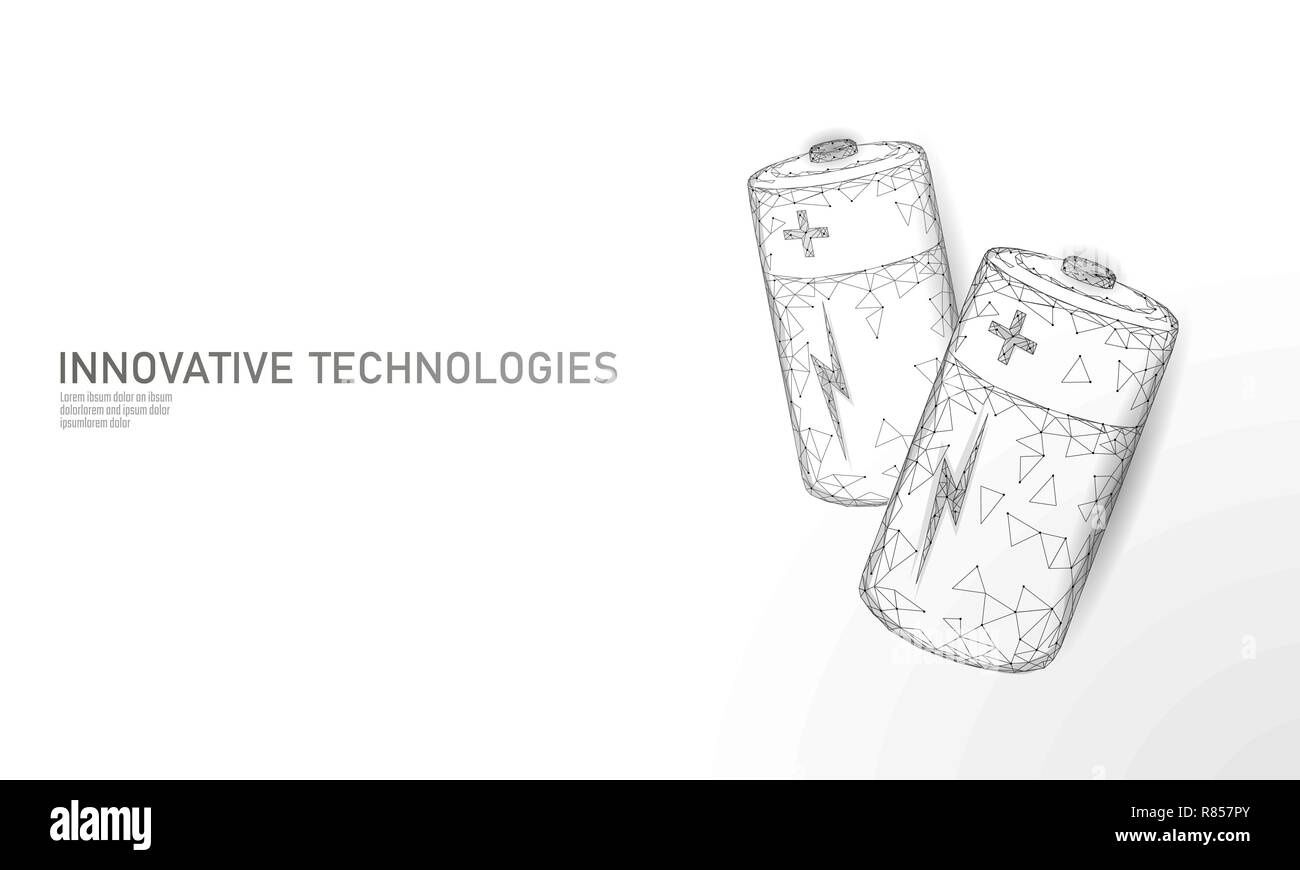 Caricate completamente poligonale batteria alcalina. L'energia di immagazzinamento di potenza ricaricabile elettrico di alimentazione. Bianco grigio neutrale bassa poli poligono spaziale di particelle cielo scuro in un settore tecnologico concetto illustrazione vettoriale Illustrazione Vettoriale