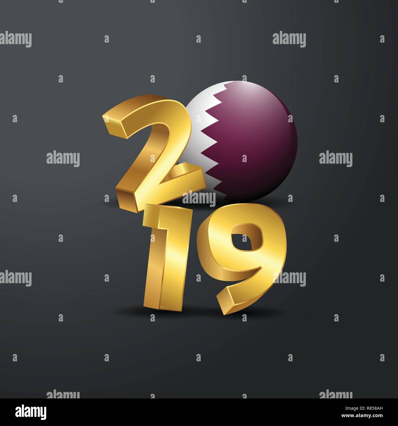 2019 Golden Tipografia con il Qatar bandiera. Felice anno nuovo lettering Illustrazione Vettoriale