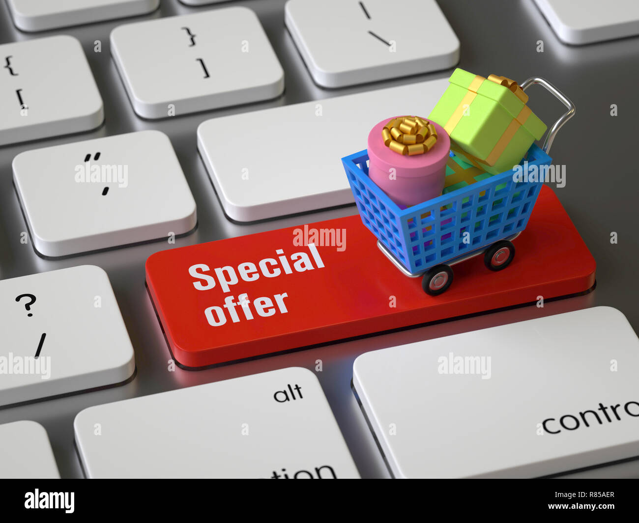 Offerte speciali sulla tastiera, rendering 3d,immagine concettuale. Foto Stock