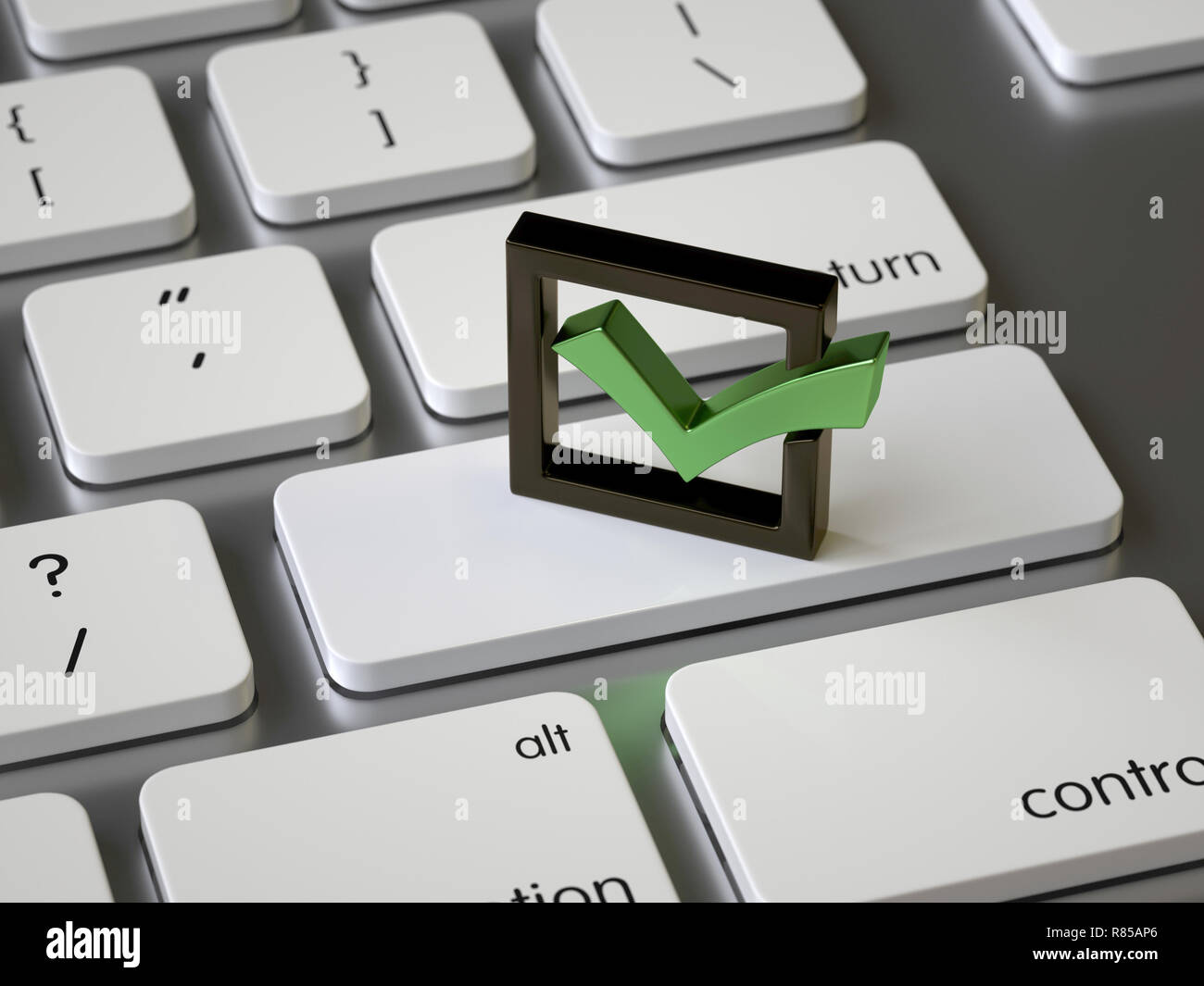 Il segno di spunta sulla tastiera, rendering 3d,immagine concettuale Foto Stock