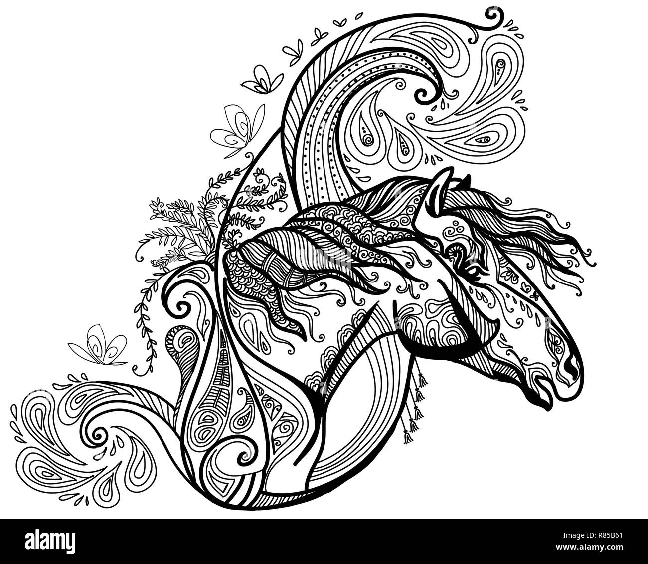Vettore di disegno a mano illustrazione zentangle cavallo in colore nero isolato su sfondo bianco. Doodle cavallo illustrazione con elementi d'impianto. Colorazione Illustrazione Vettoriale