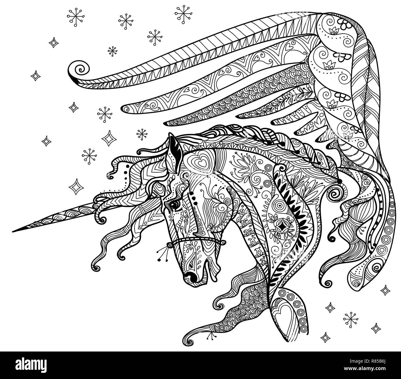 Vettore di disegno a mano illustrazione zentangle unicorn in colore nero isolato su sfondo bianco. Doodle unicorn illustrazione. La colorazione di fantasia Unicorn Illustrazione Vettoriale