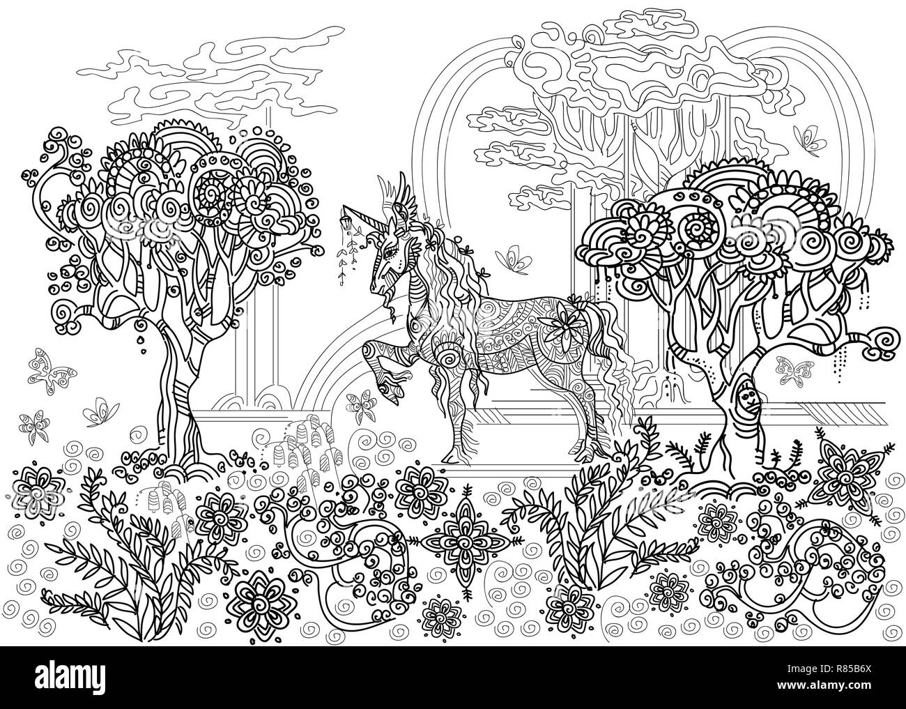 Vettore di disegno a mano illustrazione zentangle unicorn in colore nero isolato su sfondo bianco. Doodle unicorn illustrazione con elementi d'impianto. Colore Illustrazione Vettoriale