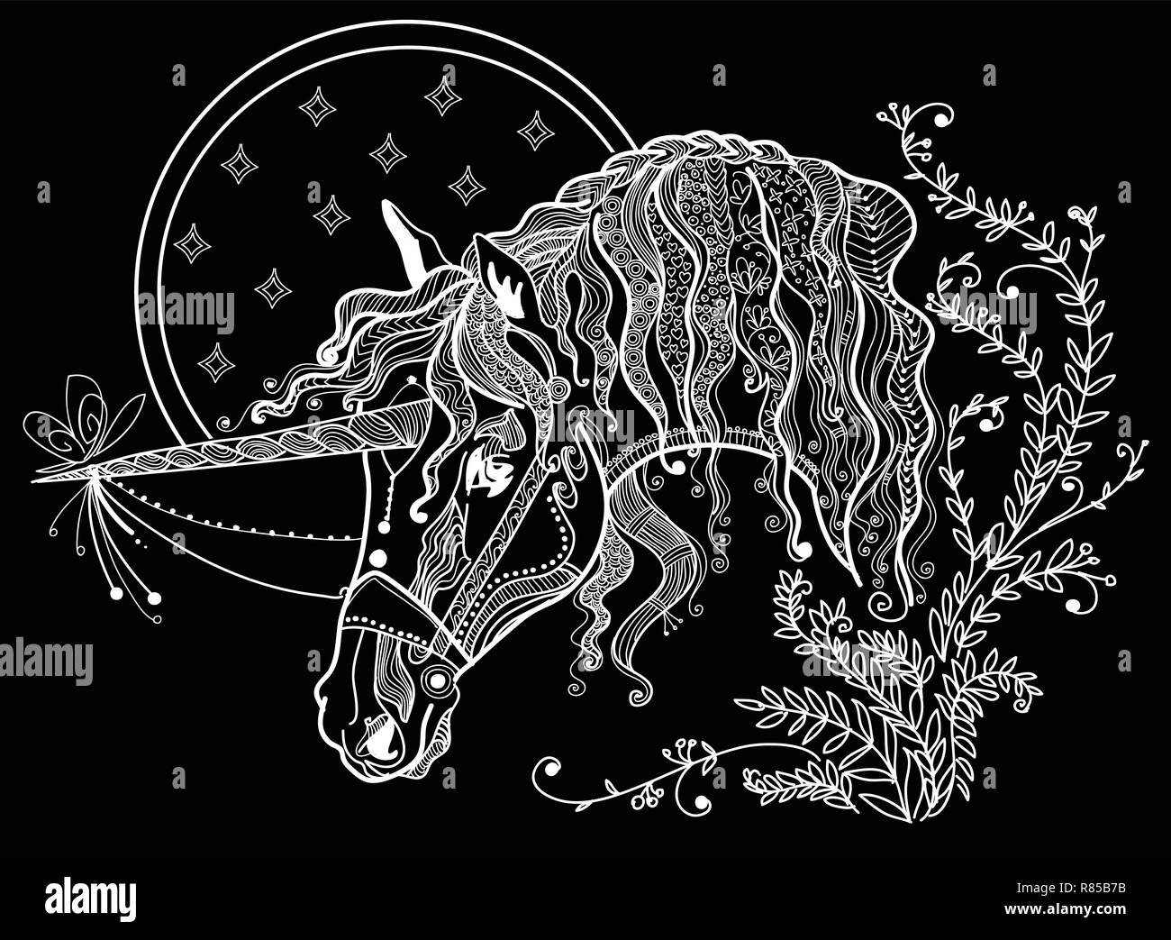 Vettore di disegno a mano illustrazione zentangle unicorn in colore bianco isolato su sfondo nero. Doodle unicorn illustrazione con elementi d'impianto. Colore Illustrazione Vettoriale