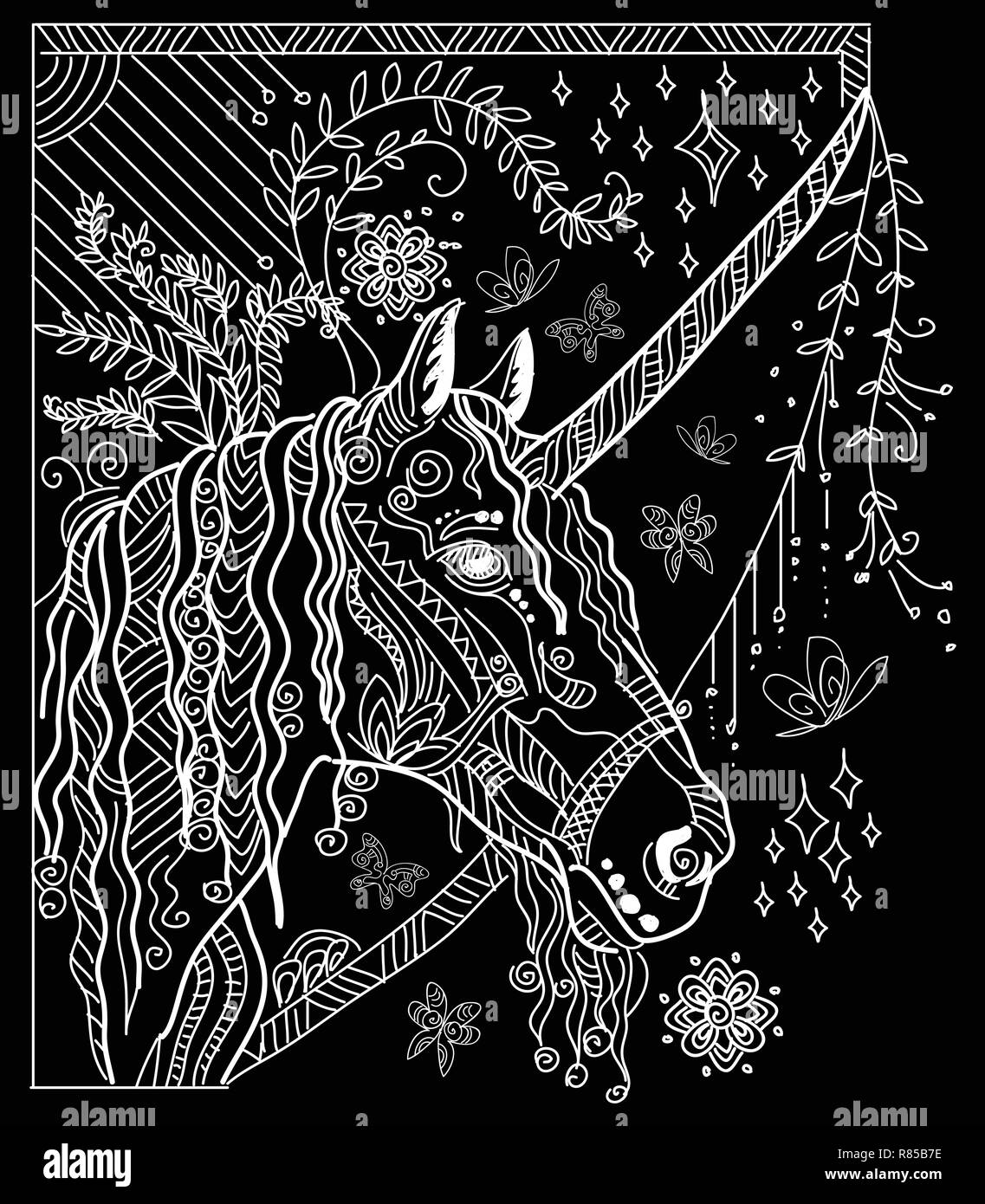 Vettore di disegno a mano illustrazione zentangle unicorn in colore bianco isolato su sfondo nero. Doodle unicorn illustrazione con elementi d'impianto. Colore Illustrazione Vettoriale