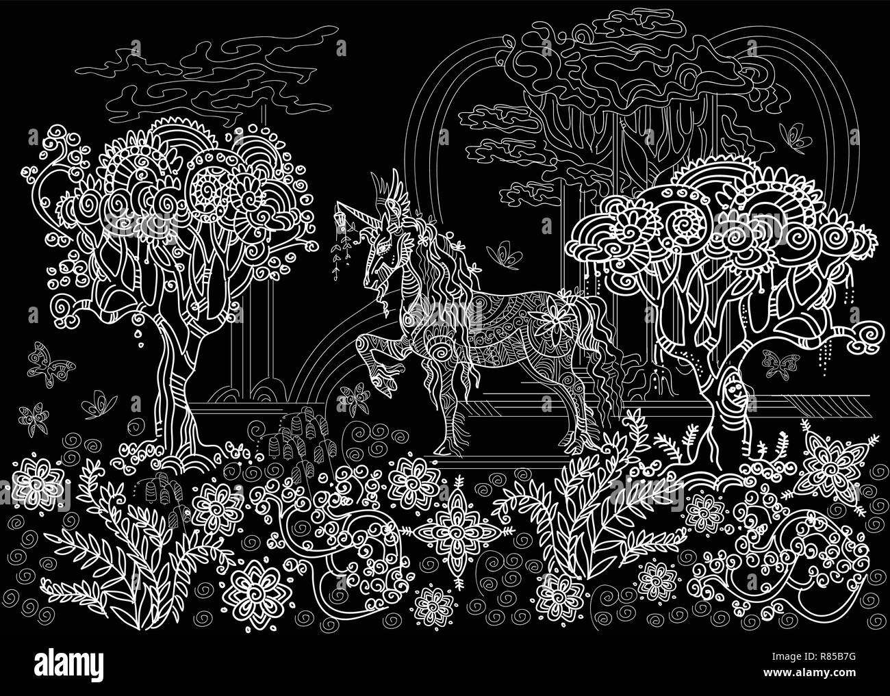 Vettore di disegno a mano illustrazione zentangle unicorn con alberi e piante in colore bianco isolato su sfondo nero. Doodle unicorn illustrazione con Illustrazione Vettoriale