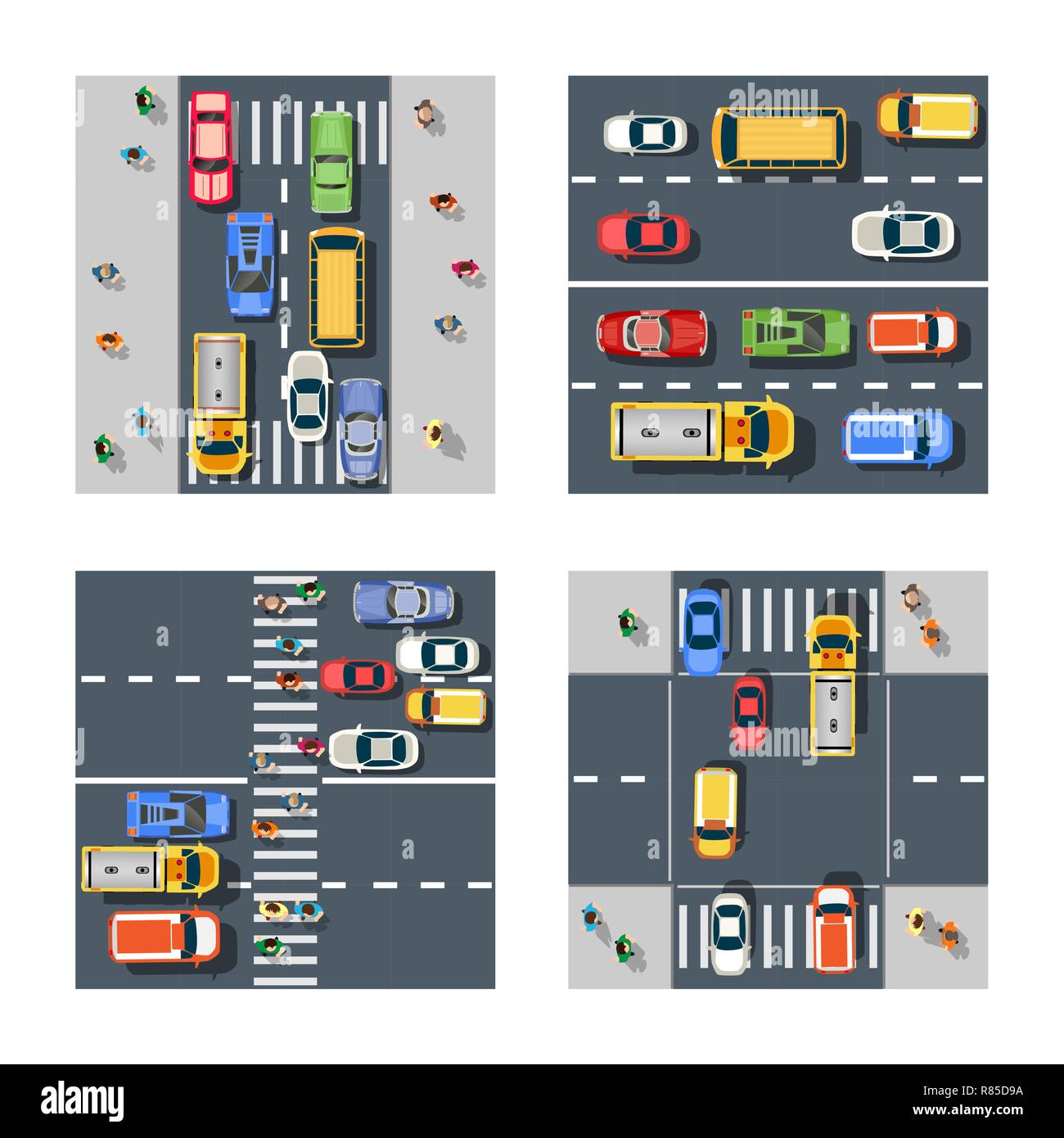 Trasporto di traffico insieme di strade con traffico, automobili e camion. Strade urbane e marciapiedi con attraversamenti pedonali e persone Illustrazione Vettoriale