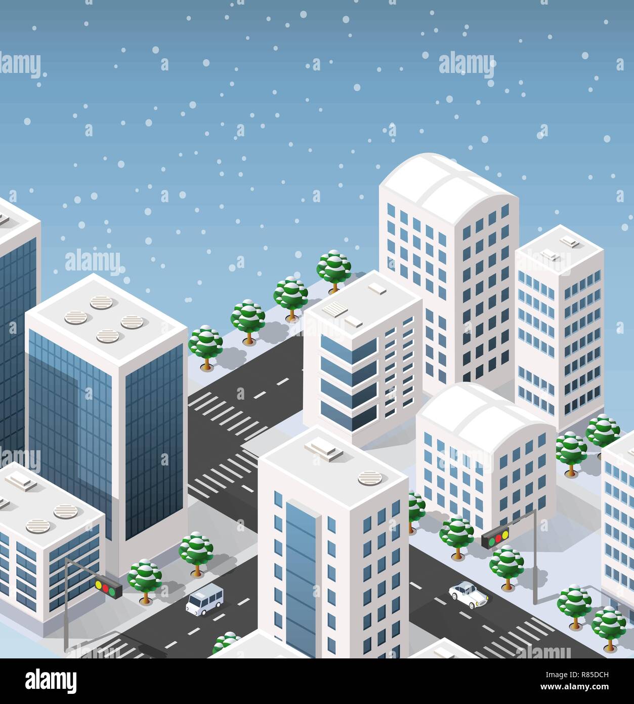 Illustrazione isometrica della moderna città 3d. Paesaggio Di Inverno alberi innevati, strade. Viste tridimensionali di grattacieli, case, edifici e urb Illustrazione Vettoriale