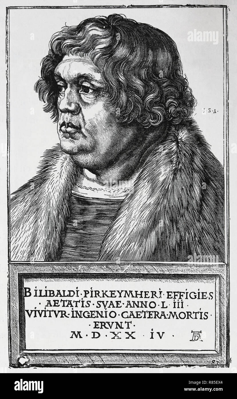 Willibald Pirckheimer (1470-1530). Rinascimento tedesco avvocato e umanista. Ritratto. Incisione di Albrecht Dürer. Foto Stock