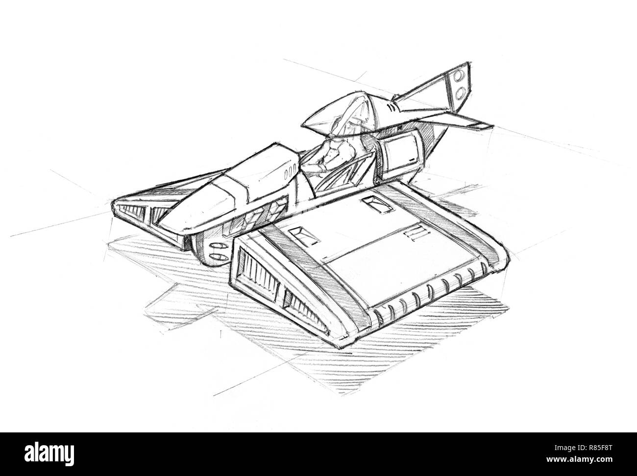 Ruvido disegno a matita o Concept Art di aeromobili o hovercraft Foto Stock