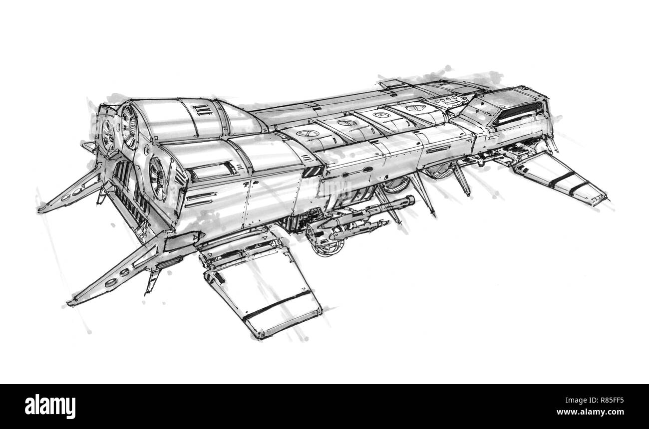Concetto di inchiostro arte disegno della futuristica navicella spaziale Foto Stock