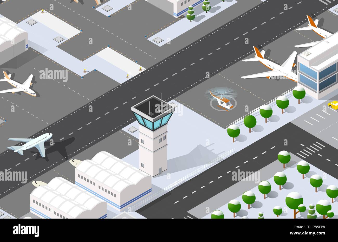 Isometrica, 3D aeroporto illustrazione tridimensionale con jet aereo parcheggio hotel sala di attesa. Pista di atterraggio degli aerei Compagnia aerea, trasporto terminale Illustrazione Vettoriale