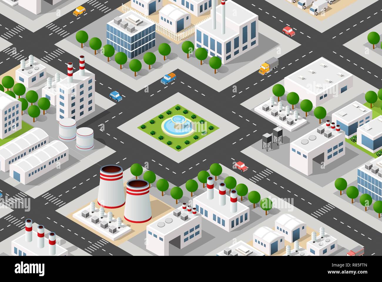 Impianto isometrica in 3D proiezione tridimensionale include le fabbriche ed edifici industriali, caldaie, magazzini, hangar, centrali elettriche, strade, strade Illustrazione Vettoriale
