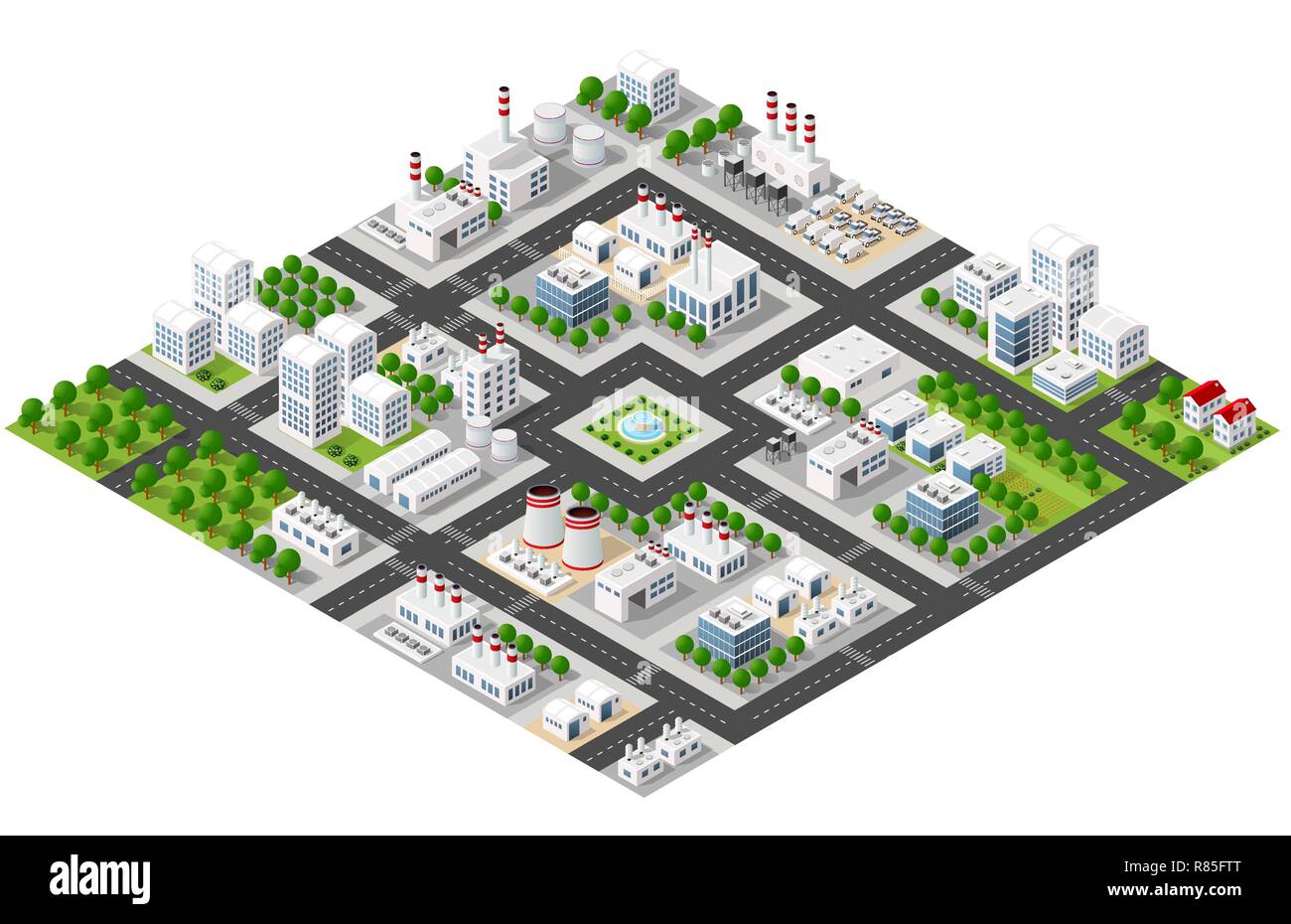 Impianto isometrica in 3D proiezione tridimensionale include le fabbriche ed edifici industriali, caldaie, magazzini, hangar, centrali elettriche, strade, strade Illustrazione Vettoriale