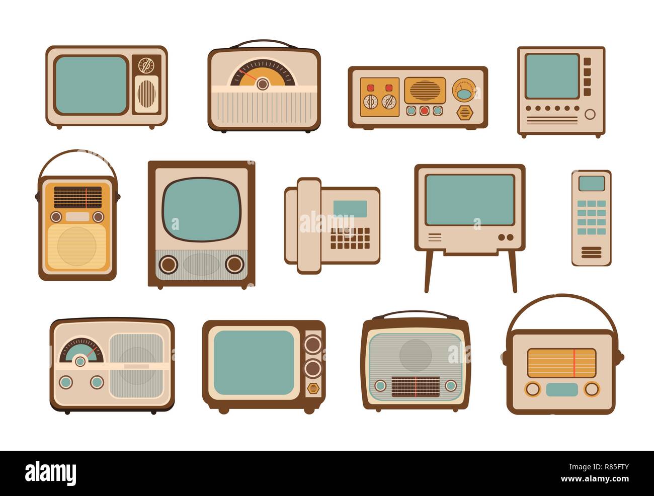 Vintage illustrazioni vettoriali icon set con radio retrò, vecchi media, TV, telefono ed elettrodomestici Illustrazione Vettoriale