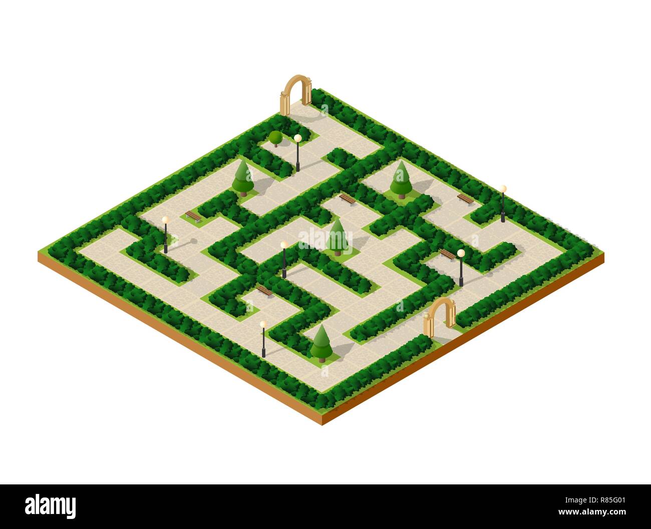 Isometrica intrattenimento urbano parco divertimenti giardino labirinto con sentieri e prati e alberi. Città naturale paesaggi ecologici Illustrazione Vettoriale