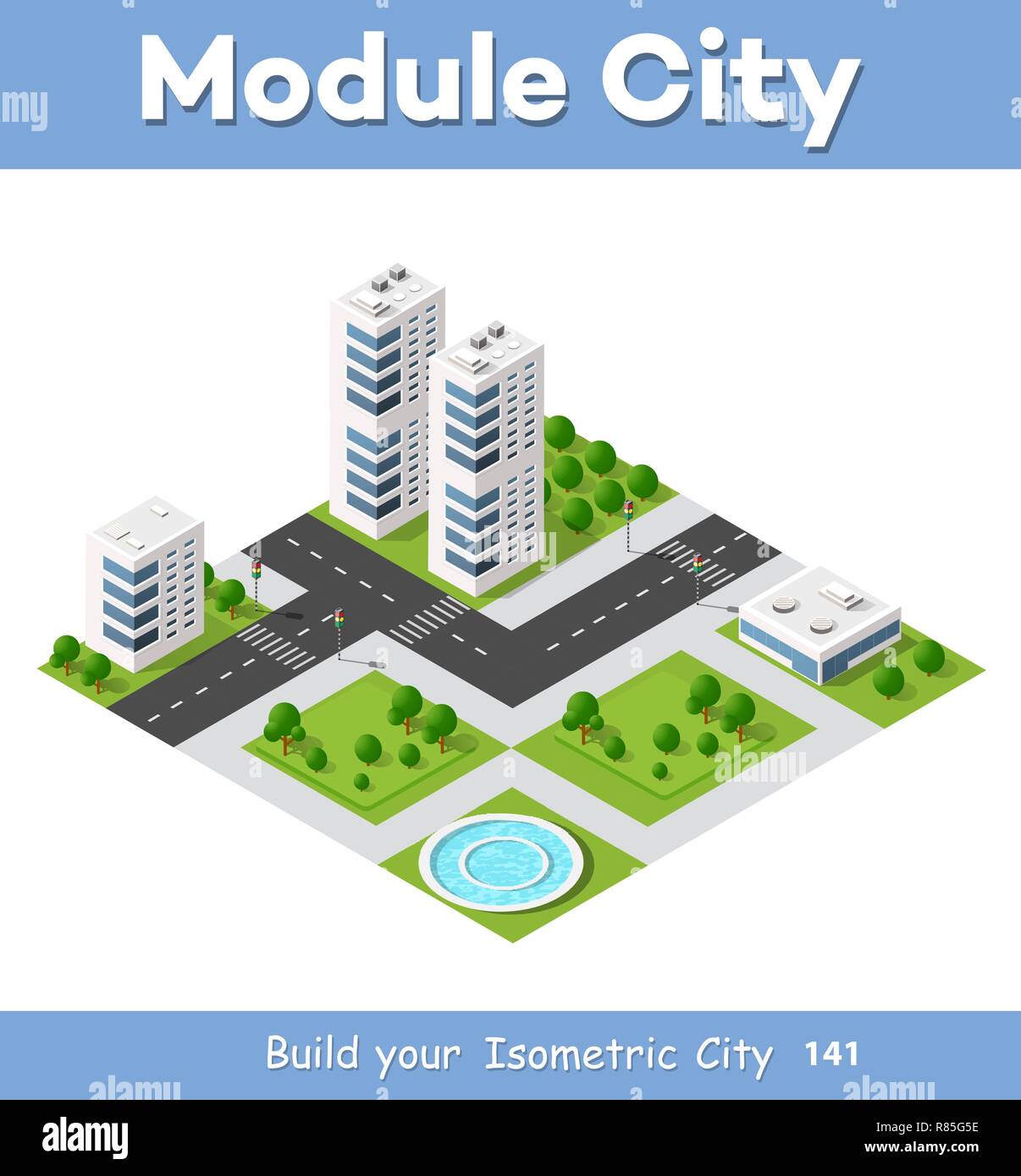Area isometrica è il paesaggio di una grande città. Elemento per la costruzione di una metropoli. Illustrazione Vettoriale