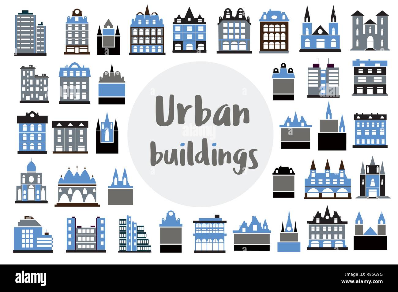 Set di icone di piana del city building, alberghi, uffici, case Illustrazione Vettoriale