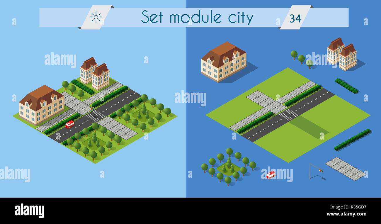 Isometrica insieme retrò 3D modulo urbano della città per la costruzione e la modellazione di progettazione megapolis creativi per il web design e presentazioni Illustrazione Vettoriale