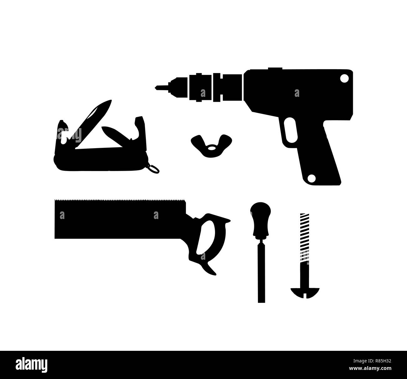 Silhouette costruire il set di attrezzi. Disegno del layout del piano industriale di casa e strumento per la costruzione e la riparazione Illustrazione Vettoriale