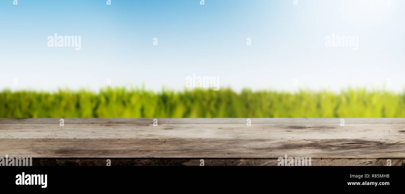 Tavola in legno rustico contro lussureggiante campo verde sotto il cielo blu ampia banner di sfondo Foto Stock