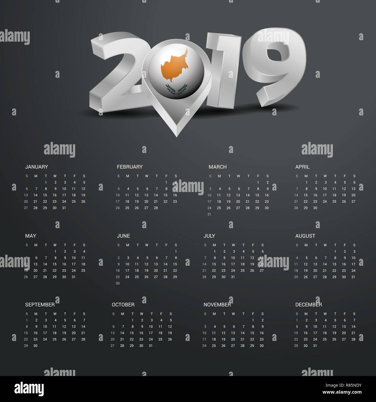 2019 Calendario modello. Tipografia grigio con Cipro Paese Mappa Golden Tipografia testata Illustrazione Vettoriale