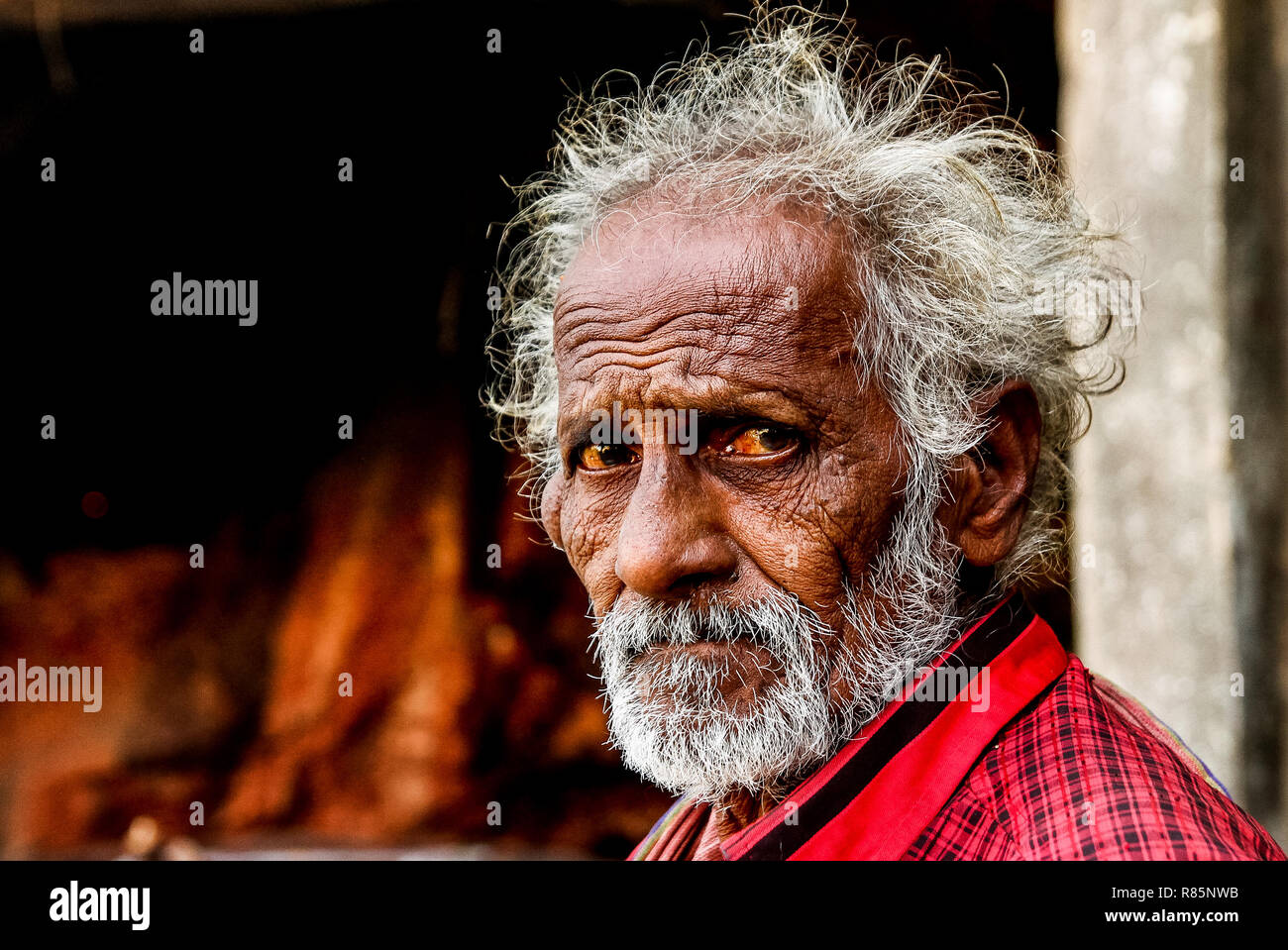 Vadodara, 30 settembre 2018: close up ritratto headshot del vecchio ermit indiano sadhu con tristi gli occhi rossi e i capelli grigi outodoors a piedi Foto Stock