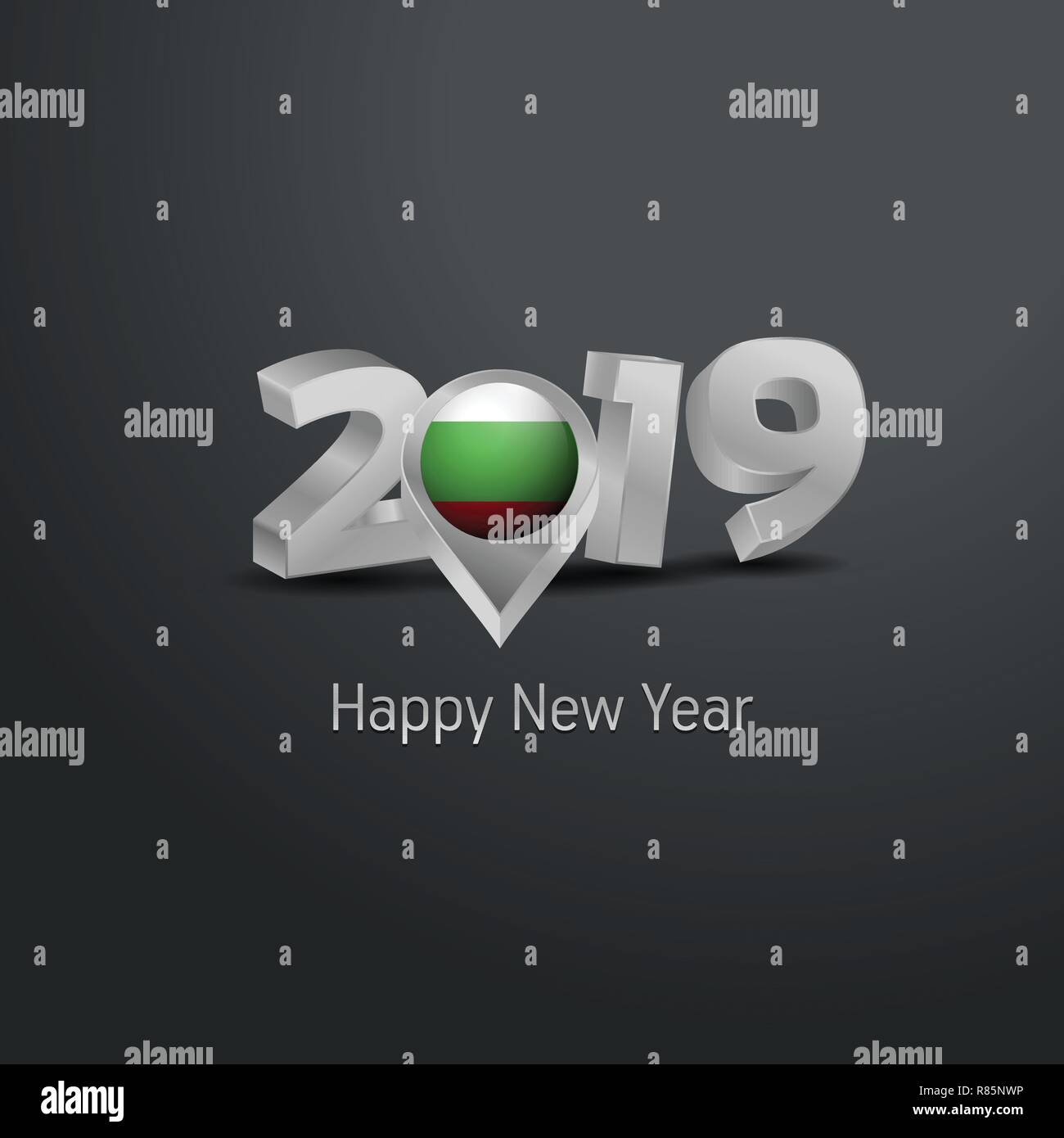 Felice Anno Nuovo 2019 grigio tipografia con la Bulgaria bandiera Posizione pin. Bandiera del paese Design Illustrazione Vettoriale
