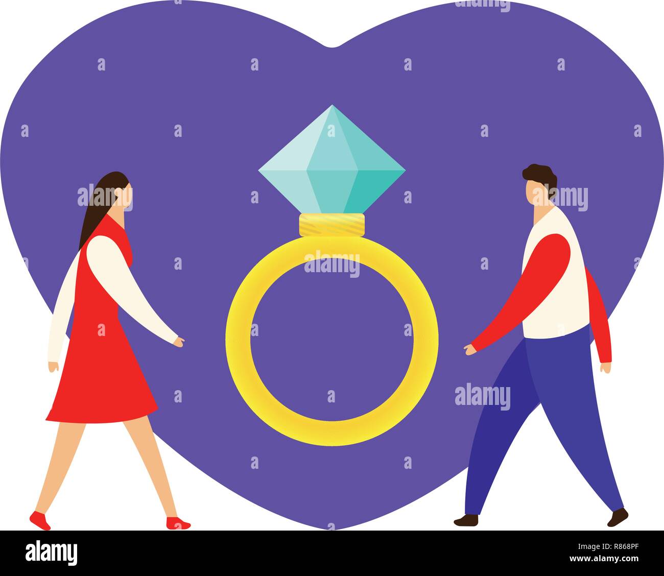 Un'offerta di matrimonio. L'uomo propone una donna di sposare lui e dà un anello di fidanzamento. Illustrazione Vettoriale in stile cartoon Illustrazione Vettoriale