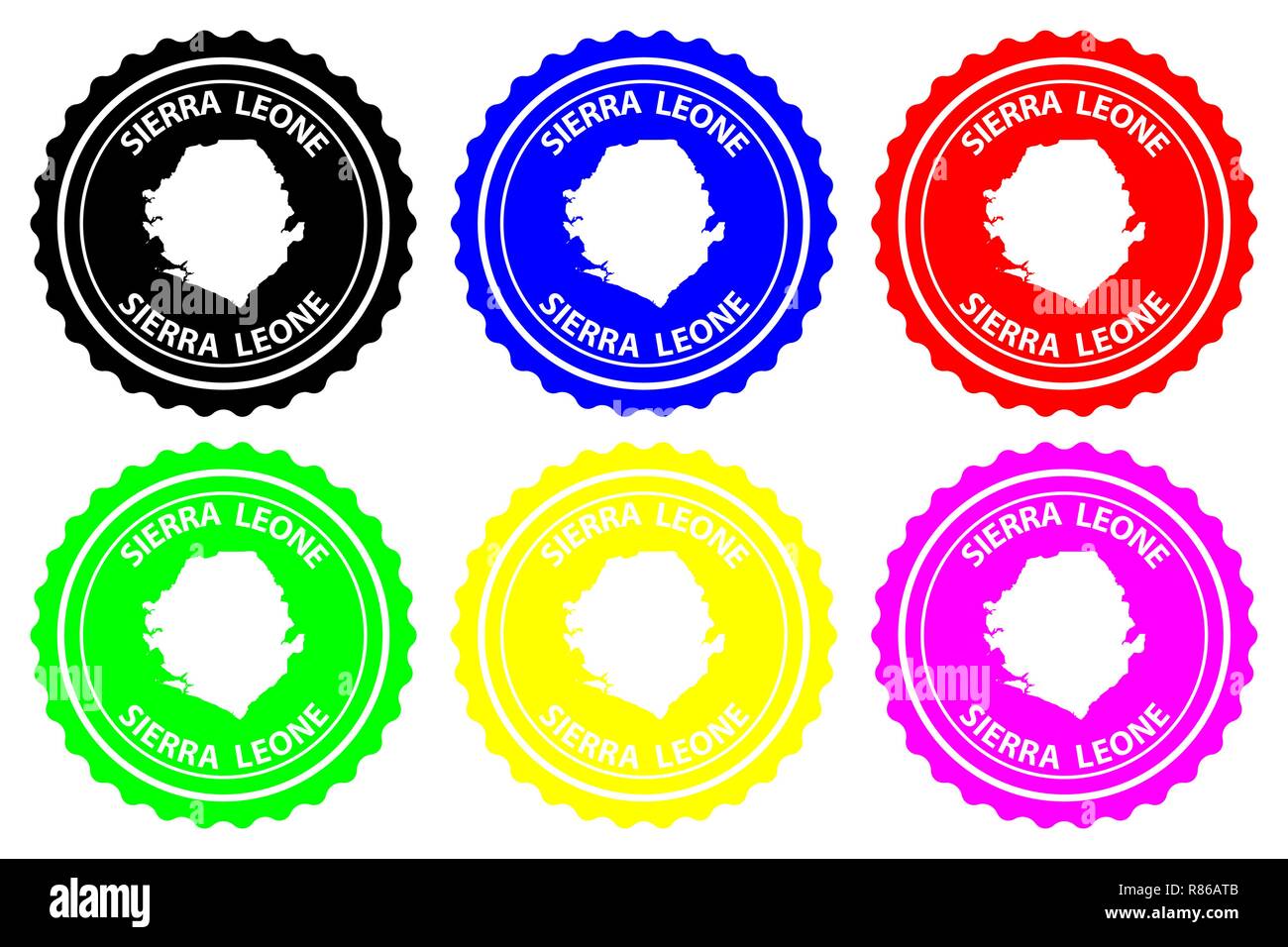 Sierra Leone - timbro di gomma - vettore, Repubblica della Sierra Leone (Salone) Mappa del modello - adesivo - nero, blu e rosso Illustrazione Vettoriale