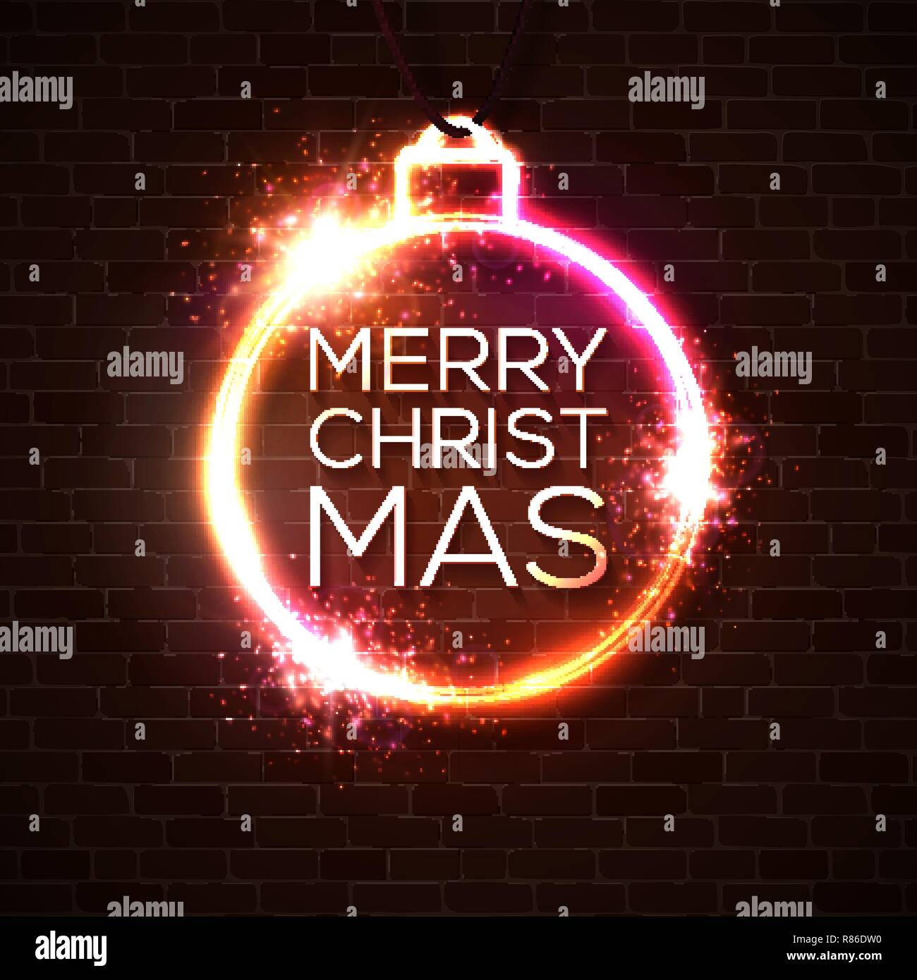 Pallina di natale decorazione in vividi colori al neon sul rosso mattone parete texture. Sfondo di natale in festa in stile retrò con stelle brilla bokeh di fondo. Incandescente telaio a sfera illustrazione vettoriale. Illustrazione Vettoriale