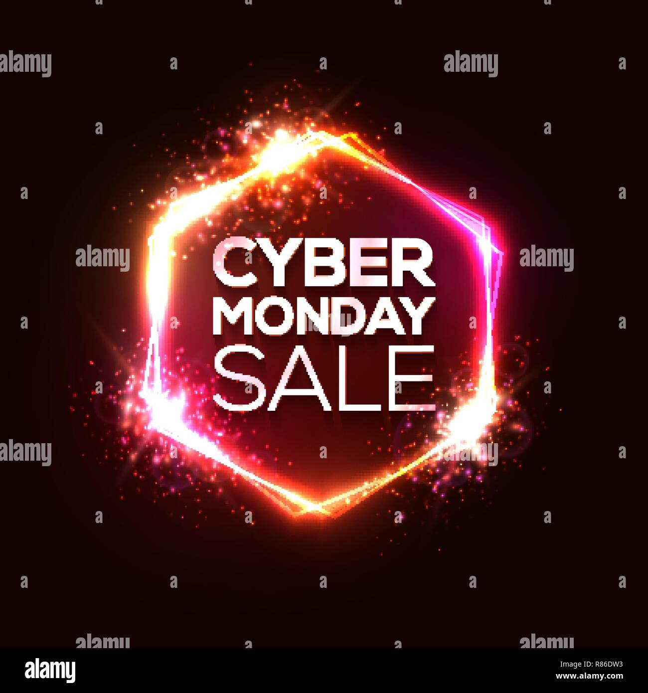 Insegna al neon con Cyber lunedì il testo per la decorazione e la copertura sul muro rosso sfondo. Carta sconto per la nozione di vendita evento. Realistico illustrazione vettoriale con luce di stelle di esplosione fuochi d' artificio bokeh elementi. Illustrazione Vettoriale